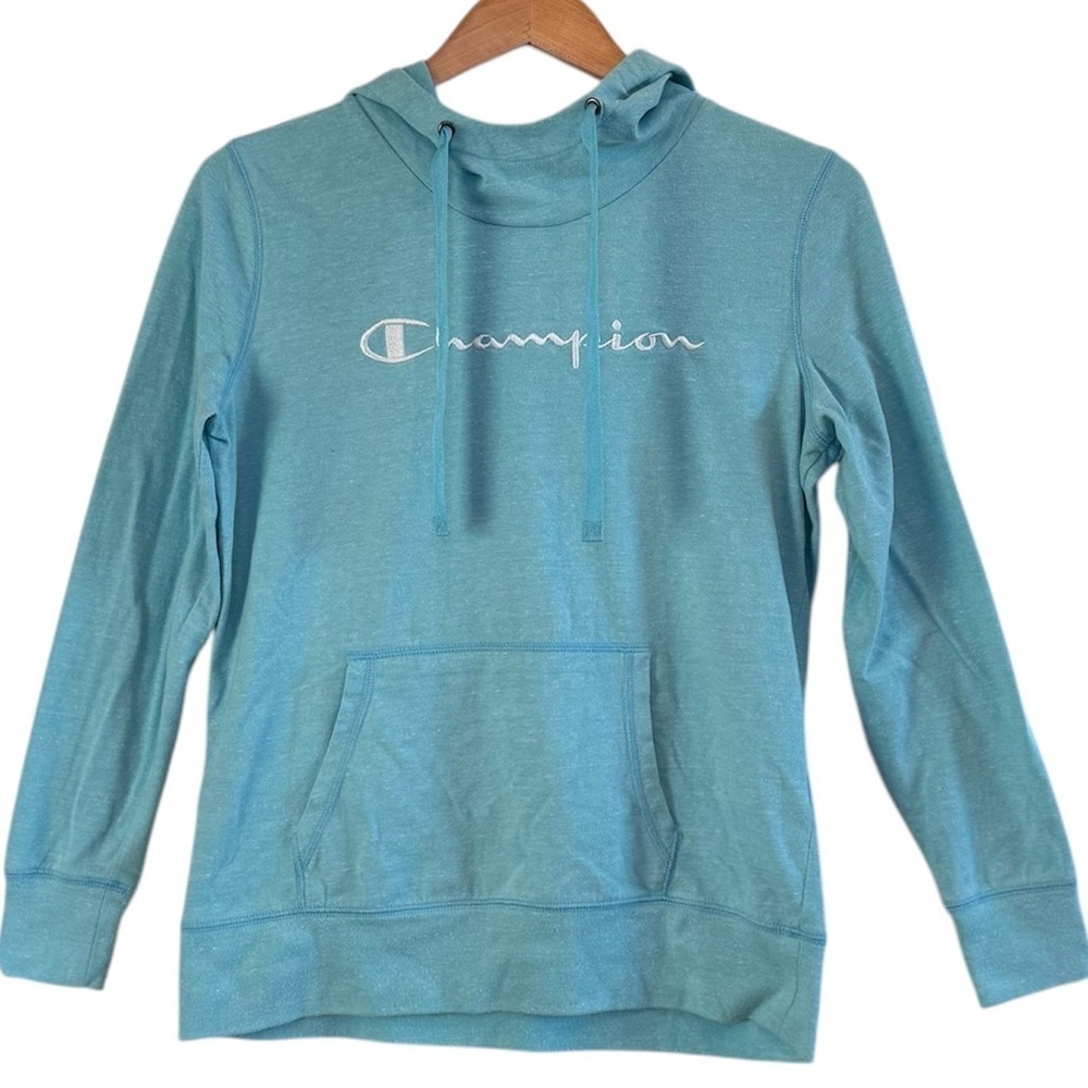🌈 6/$60 Champion Logo Pullover Hoodie Kangaroo Pocket Light Blue White Small